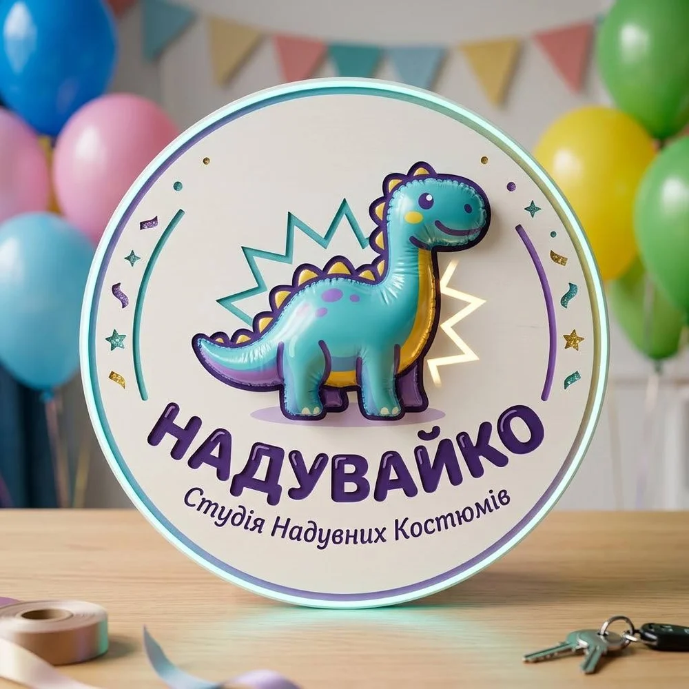 Надувайко: яскрава студія свят із динозавром на логотипі та повітряними кульками